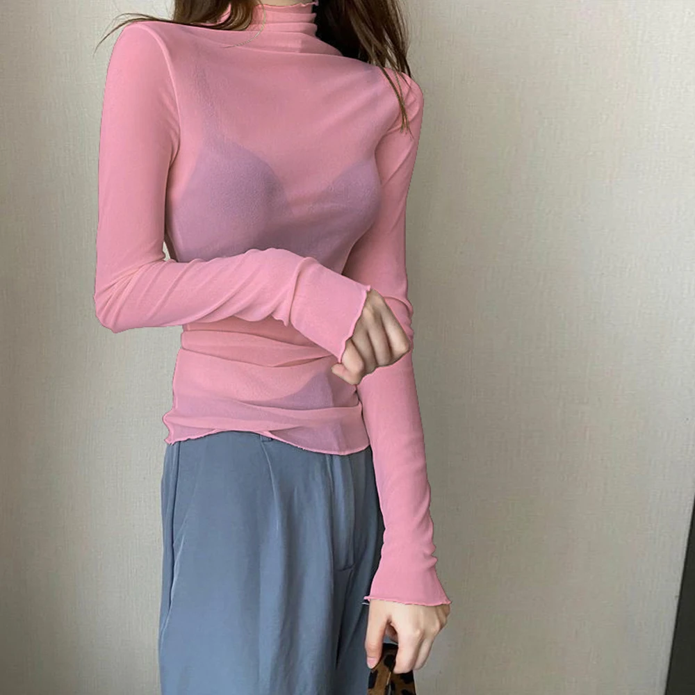 

High Neck Long Sleeve Sheer T Shirts Women Sexy See Through Elastic Mesh Shirt Girls Bar Party Black Purple Top Female Blouses