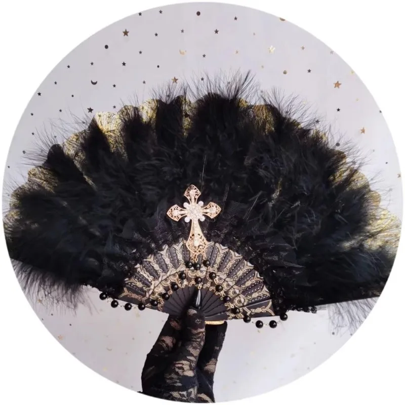 Pearl White Feathers Vintage Gold Stamping Folding Fan Lolita Harajuku Gothic Retro Style Portable Hand Fan Gifts