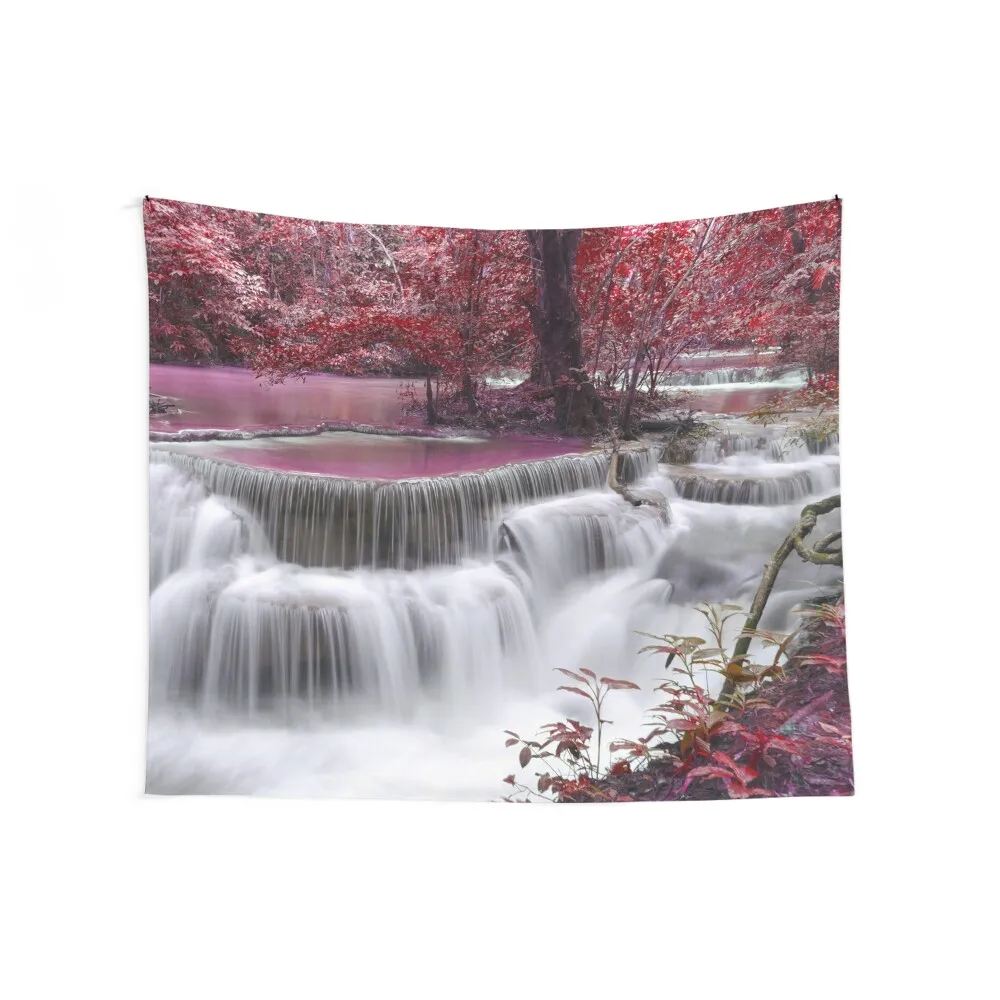 

A waterfall of water amidst the beauty of nature and the pink leaves of trees Tapestry Nordic Home Decor For Bedroom Tapestry