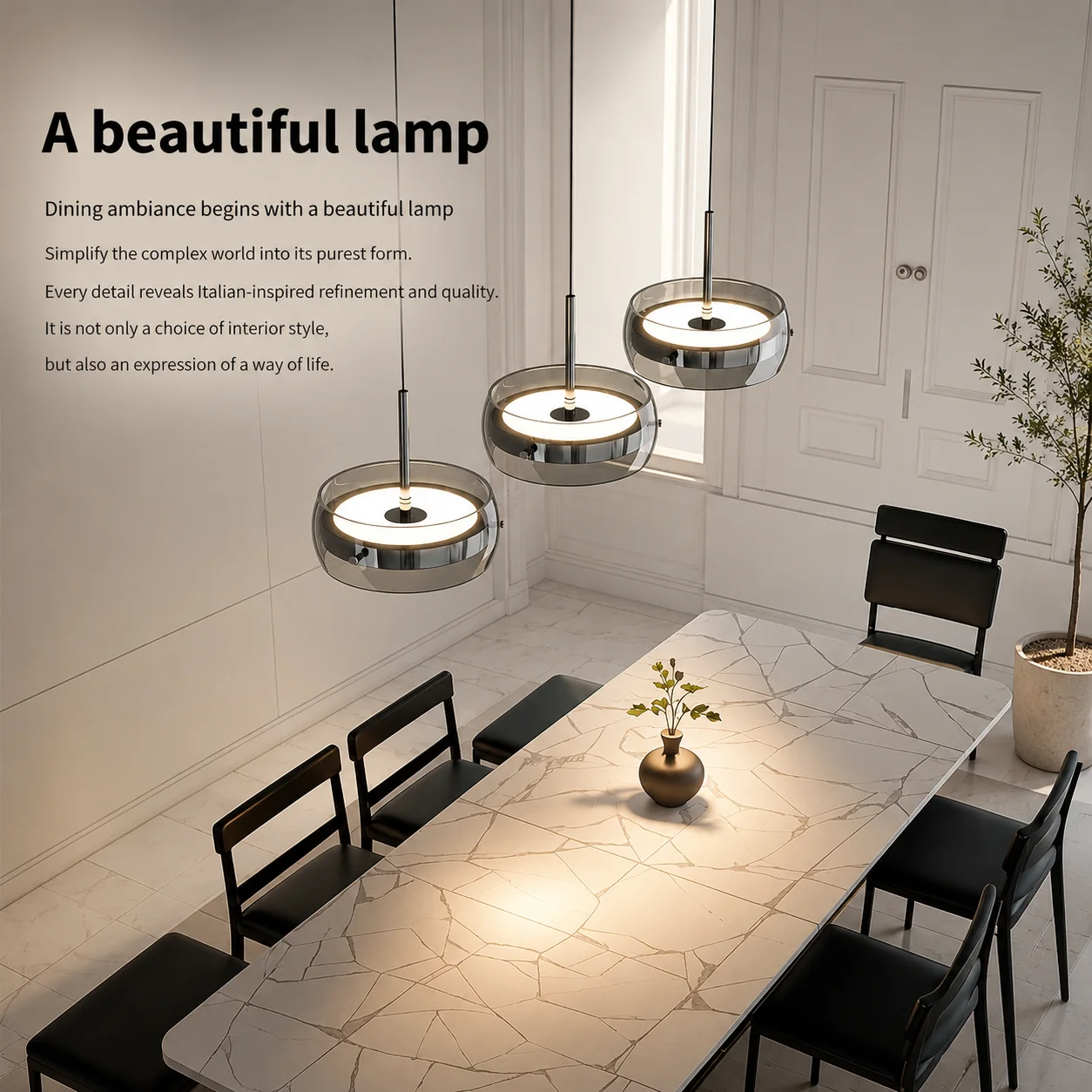 Modern Black Pendant Lamp three-color light Chandelier, Adjustable Height Ceiling Hanging Light for Living Room