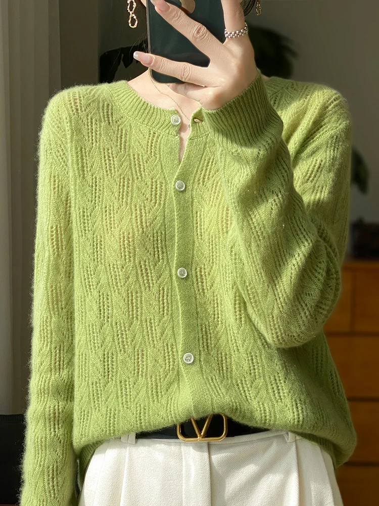 Spring new women\'s cardigan 100% merino wool sweater O-neck hollow elegant cashmere knitted jacket Korean fashion blouse