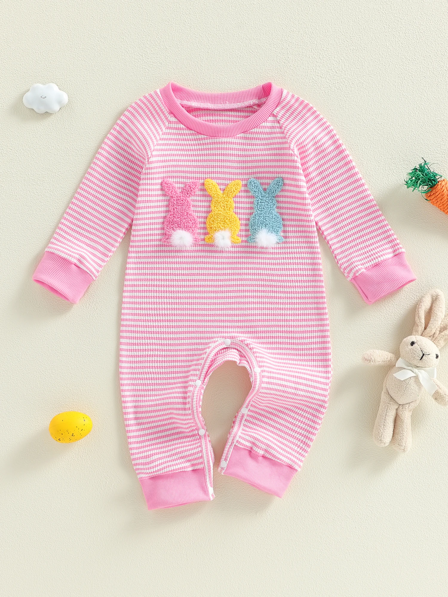 

Adorable Toddler Easter Outfit Pink Floral Bunny Romper Long Sleeve Jumpsuit Spring Summer Fall Clothes for Baby Girl