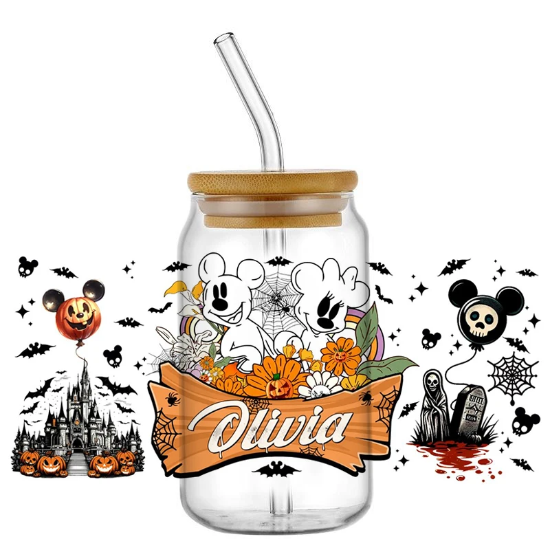 Miniso Cartoon mix halloween design 16OZ UV DTF Cup Wrap Transfer Sticker For Glass Libbey Can Bottle Selfadhesive Washable DIY