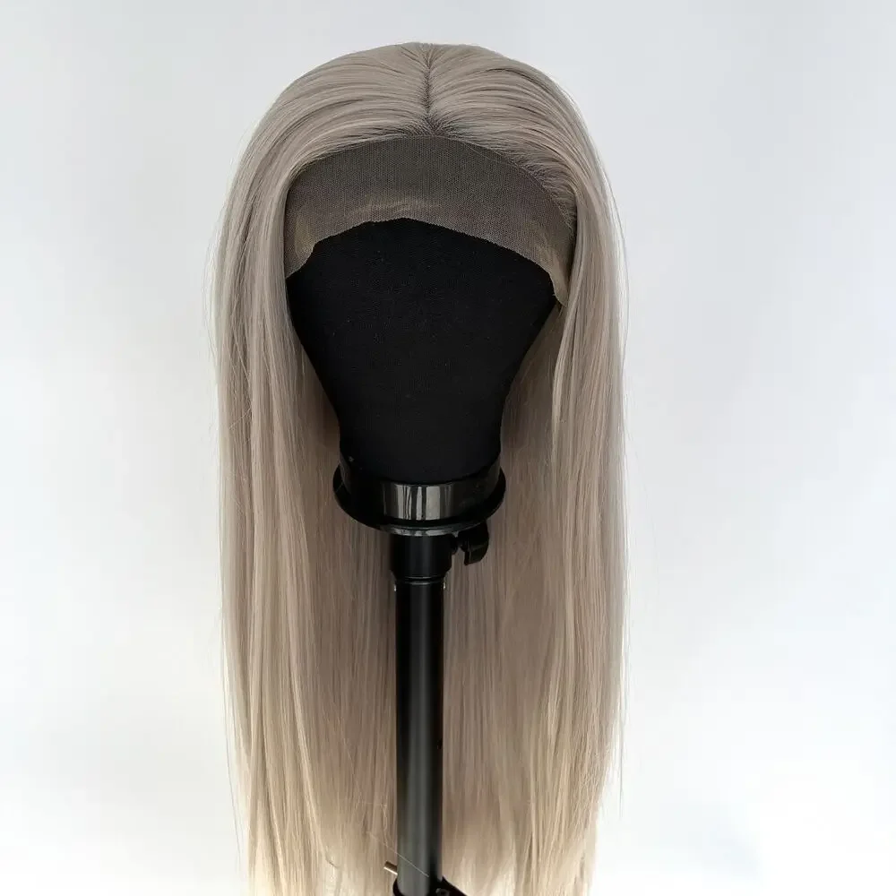 Long Straight Heat Resistant Synthetic Hair Lace Frontal Wig Silver grey