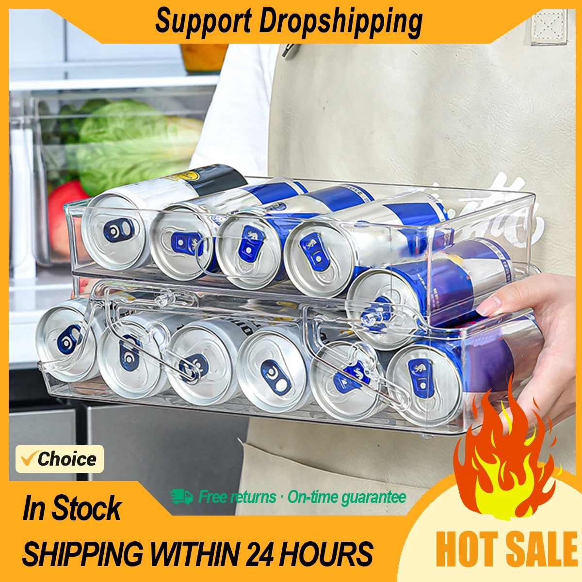 Refrigerator Drink Storage Box  2-layers Self-rolling Plastic Fridge Beer Can Beverage Organizer Soda Bottle Jar Rack Kitchen