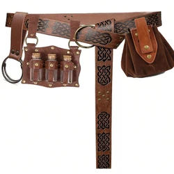 7PCS Medieval Belt Renaissance Punk Cork Dark Three Potions Glass Magic Bottle Waist Bag Halloween Cosplay Costume Belt Props