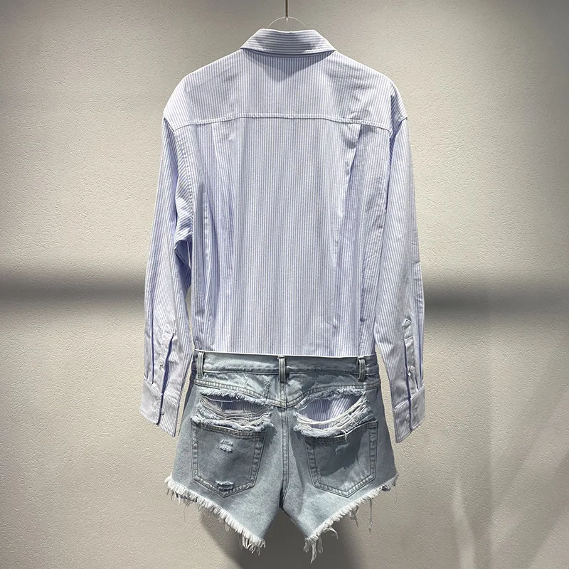 2025 Nuova tuta di jeans a righe blu autunno da donna in cotone finto pagliaccetto in due pezzi con colletto tuta da donna