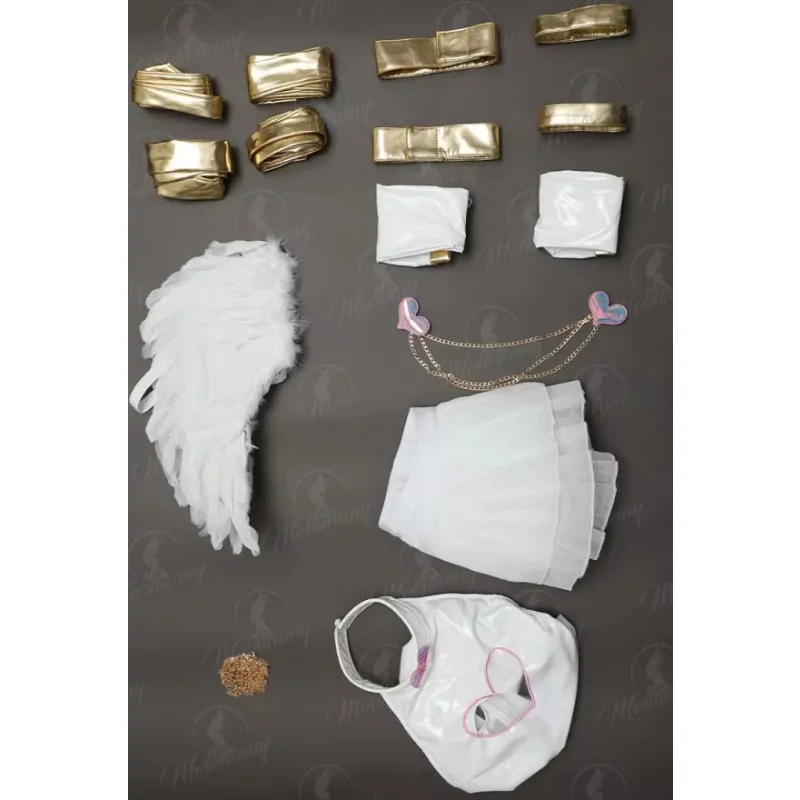 Mobbunny Women Stocking Derivative  Sexy Lingerie Set Hollow Halter Bodysuit and Mini Skirt with Wings Sleeves Cosplay Costume