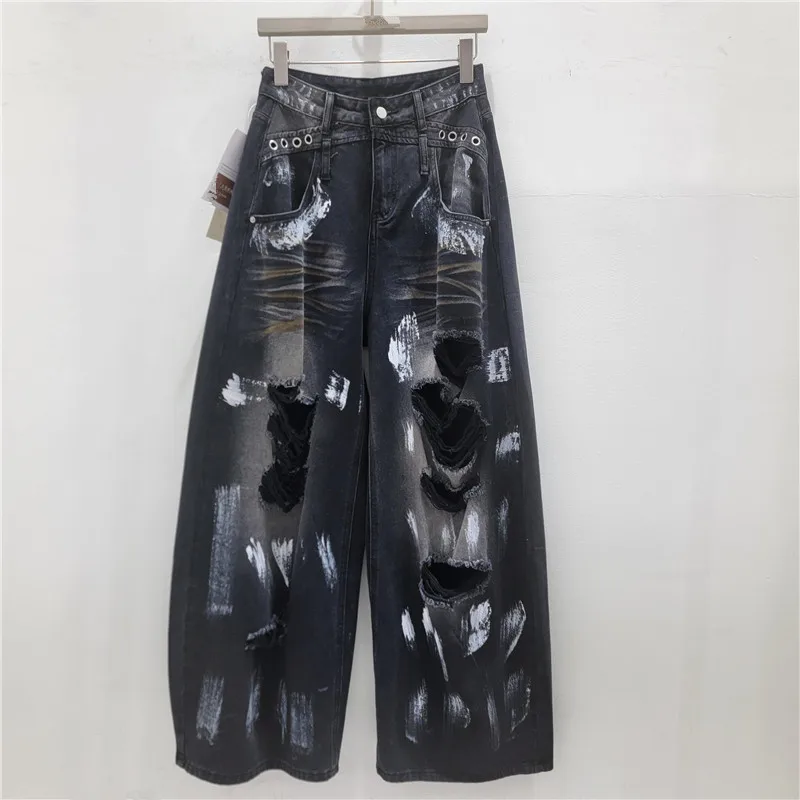 

2026 New American Retro Washed Distressed Graffiti Jeans, Women's High Waist Slimming Look Straight-leg Wide Leg Mop Pants