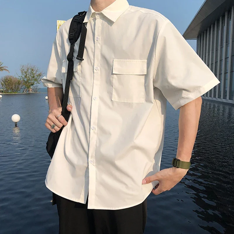 EBAIHUI Men\'s White Shirts with Tie Set Preppy Uniform DK Loose Short Sleeve Blouse Couple Loose Basic Short Blusas Asian Size