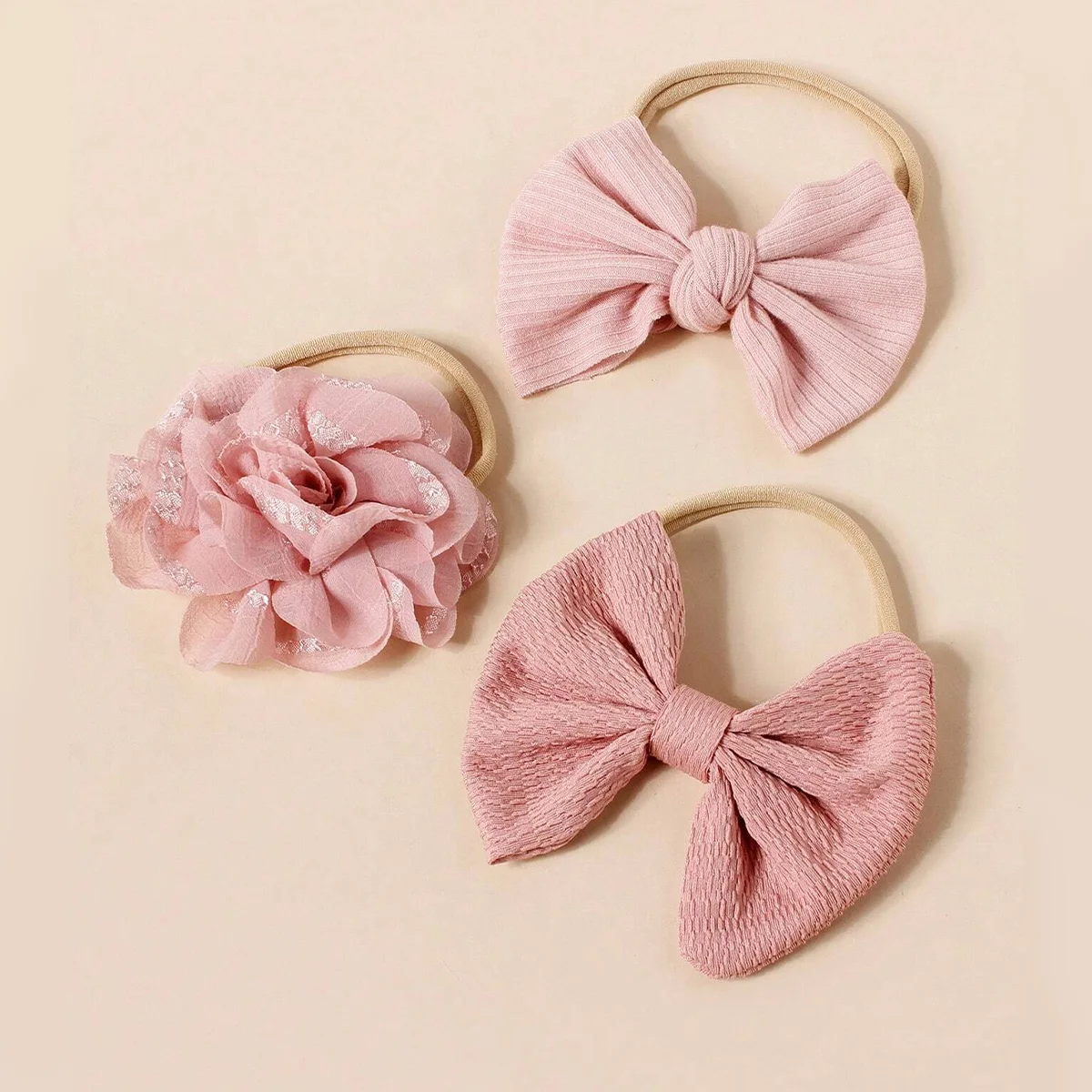 3pcs Girls Pink Adorable Hairband Different Bow Headband For Kids Photograph Soft Nylon Simulation Floral Hair Acessories