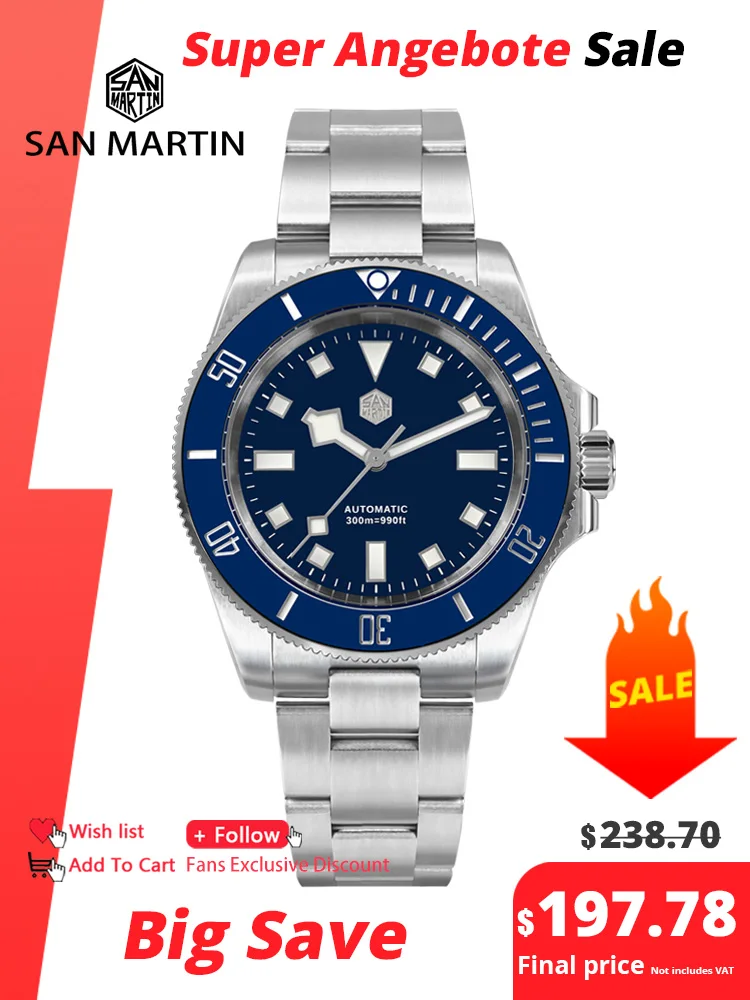 San Martin 40mm Stainless Steel Classic Men Diver Watch Japan NH35 Automatic Mechanical Sapphire Waterproof 300m SN0111