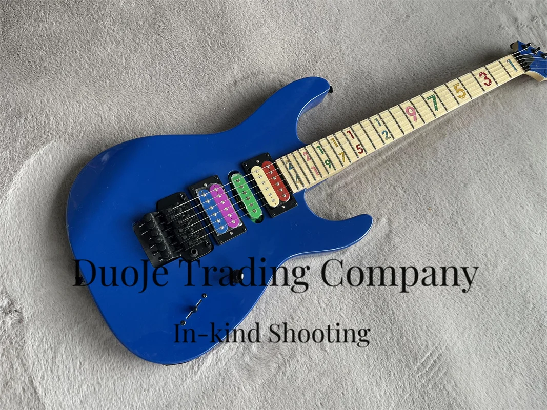 Blue electric guitar Maple fingerboard Multicolor digital Mosaic Rainbow HSH pickup Black tremolo bridge