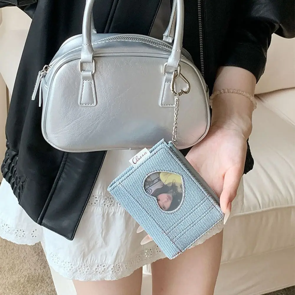 New PU Short Wallet Metal Chain Heart Window Women Wallets Snap Closure Mini Purse