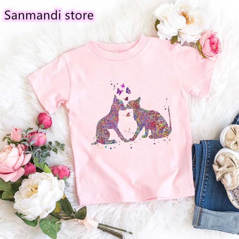 

Lovely Kids Clothes Funny Watercolor Chihuahua Dog/Cat Love Print Tshirt Girl Summer Pink Short Sleeve T Shirt Children Clothing