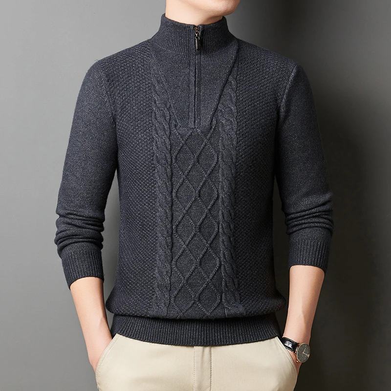 Men Thick Warm Zipper Collar Knitted Sweater Fashion Men Base Shirt Pure Color Sweater Autumn Winter Male Trend Pullover