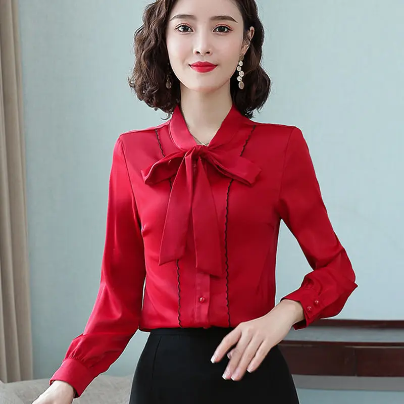 Solid Color Bow Tie Long Sleeved Quality Shirt for Women Spring Autumn New Simulated Silk Western Style Temperament Elegant Top