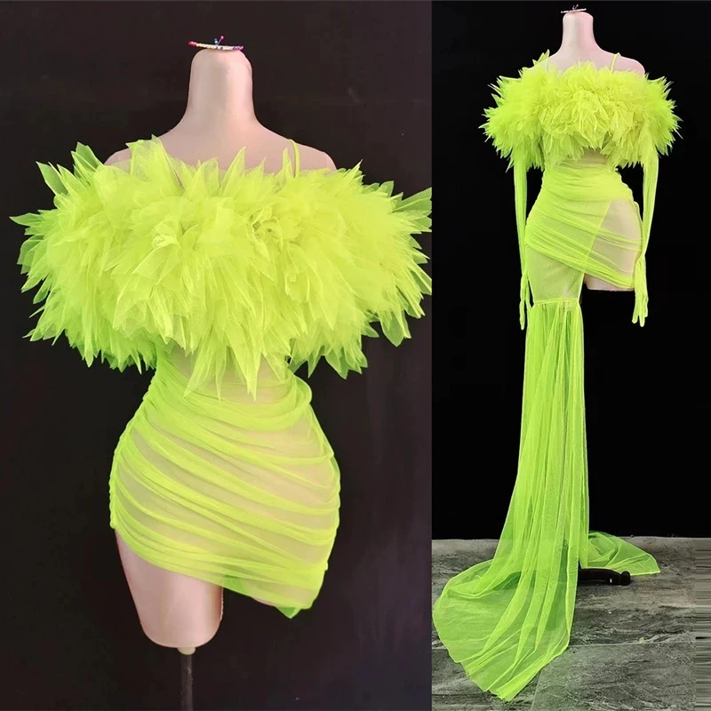 

Fluorescent Green Off Shoulder Transparent Trailing Dress Women Singer Concert Catwalk Party Dress Nightclub Show Stage Costume