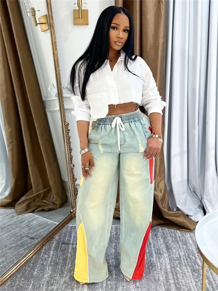 

Leosoxs Women Straight Drawstring Waist Wide Leg Pants Jeans 2025 Denim Patchwork Sporty Holiday Jogger Sweatpants Trousers