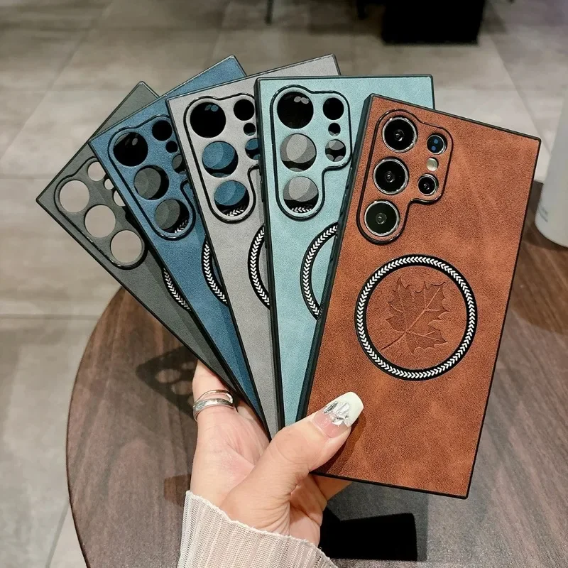 For Samsung S25 Ultra S24 FE MagSafe Maple Leaf Magnet Case For Galaxy S26 S22 S21 Plus Soft TPU Lens Protection Shockproof Case