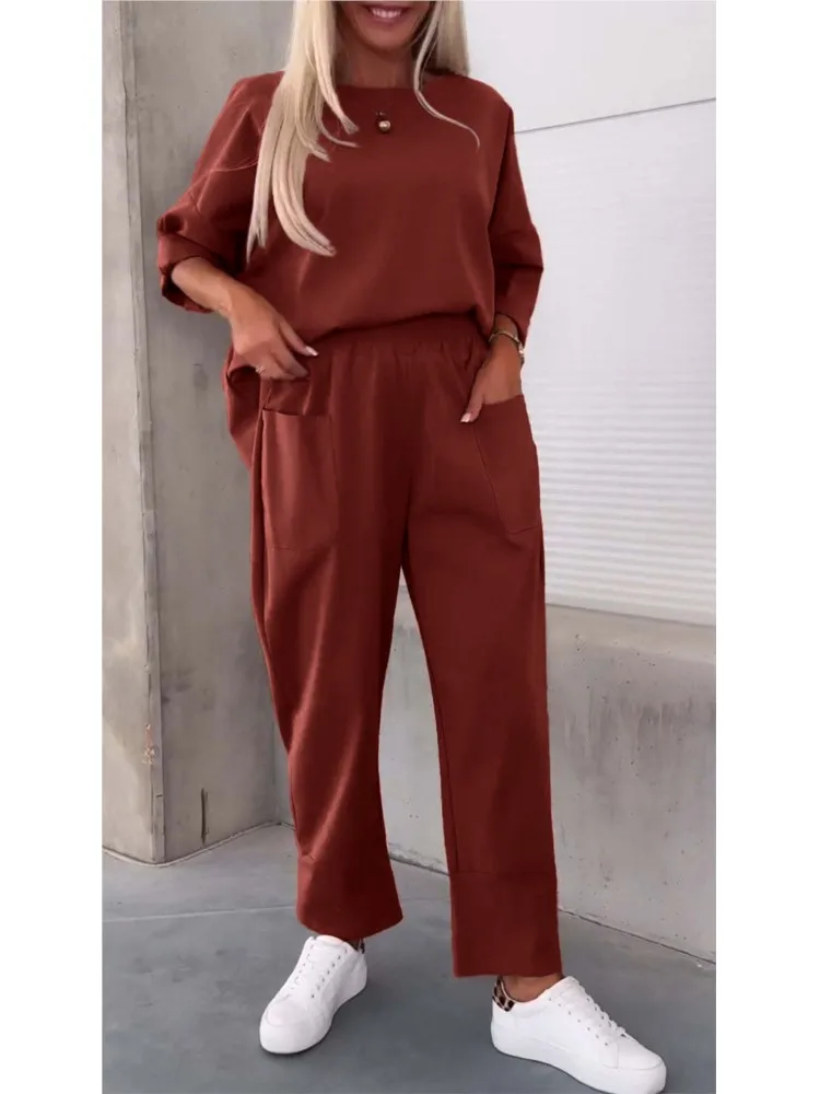 Autumn Casual Round Neck Pocket Tracksuit Retro Solid Women Top  And Pants Sets 2024 Fashion Winter Long Sleeve Loose Female Set