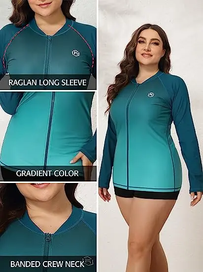 Attraco Women Plus Size Rash Guard Zipper Long Sleeves Quick Dry Soft Swimming Shirt Gradients Color UPF 50+ Crew Neck Surfing