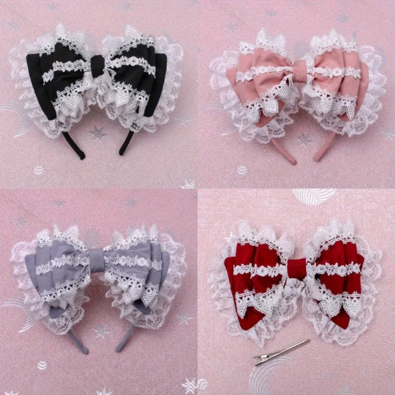 

Handmade Japanese Lolita Hair Clip Soft Girl Headwear Lolita Lace Bow Headband Wrap Sweet Cute Girly Style