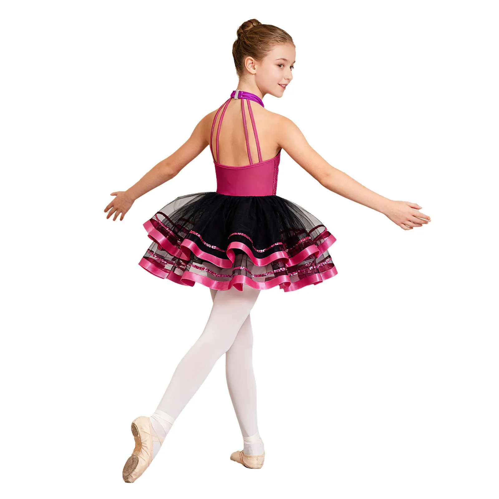 Glitzerndes Pailletten-Ballett-, Jazz- und Stepptanzkostüm für Mädchen, mit Neckholder-Oberteil und mehrlagigem Tüllrock für Wettbewerbe. – Detail 19