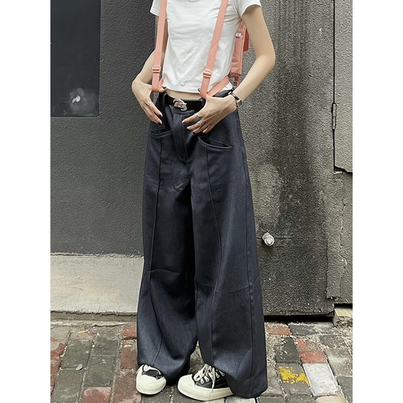 

PBAP Solid Draped Wide Leg Suit Pants Women Pleated Stitch Pockets Loose High Waist Gray Casual Trousers Cleanfit OL Streetwear