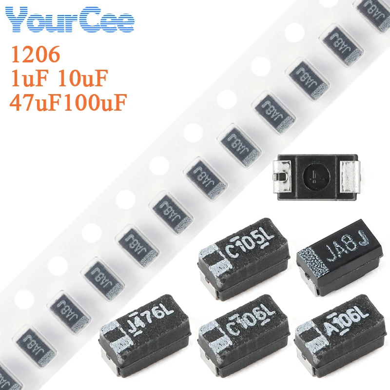 10pcs/lot 1206 3528 6032 7343 SMD Tantalum Capacitor 1uF 2.2uF 4.7uF 10uF 35V 16V 20V 25V 22uF 33uF 47uF 100uF 470uF 6.3V 10V