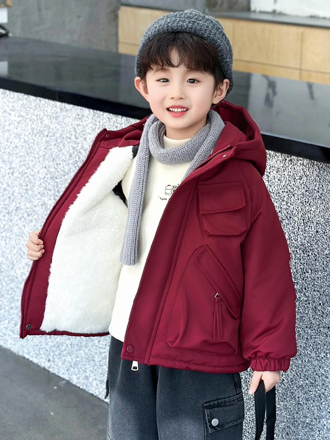 

Thiened Cotton Jaet for Boys Winter Coat with Hood Warmth Youth Faion Stand Fit Long Sve Zipper Closure Casual Wear