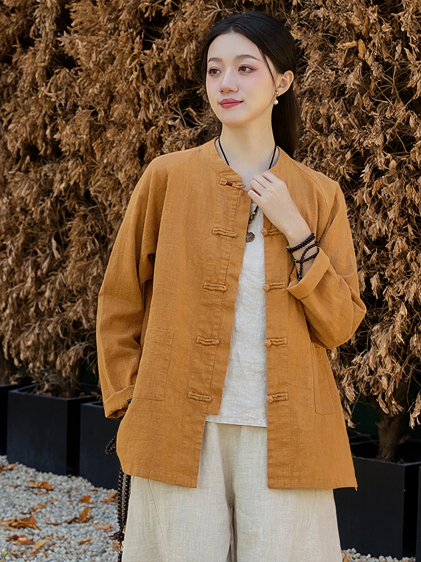 Chinese Style Women's Cotton Linen Shirt Coat with Button Mid-Length Stand Collar Tai Chi Practice Outerwear Loose Fit Long S...