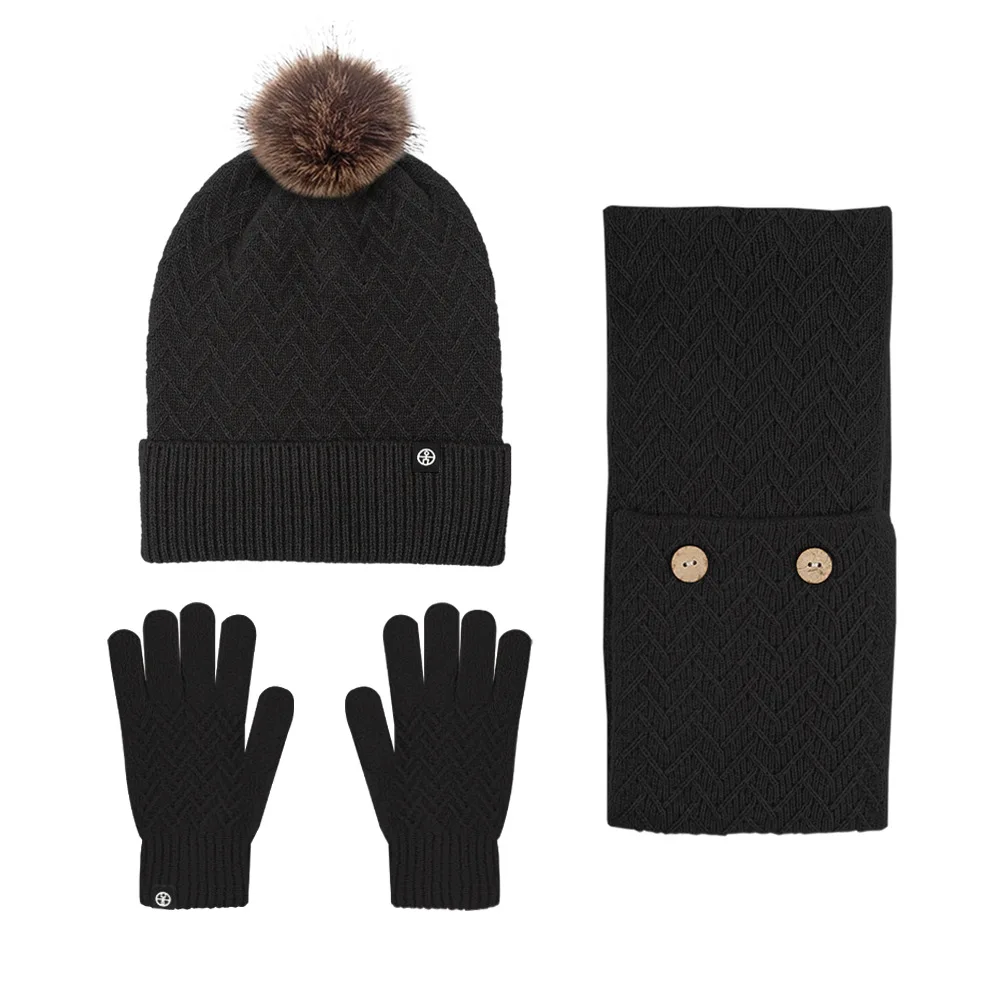 Europeo y americano invierno viajes al aire libre cálido y resistente al frío bola de lana sombrero tejido bufanda guantes conjunto de tres piezas bufandas