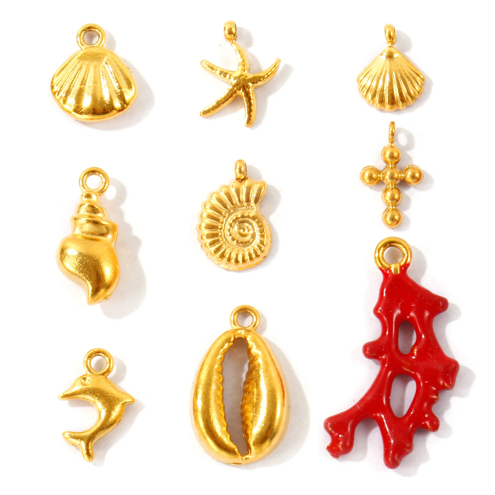 2pcs Mini Stainless Steel Charms 18K Gold Plated Shell Starfish Dolphin Animal Pendants DIY Necklace Earrings Ocean Jewelry Gift
