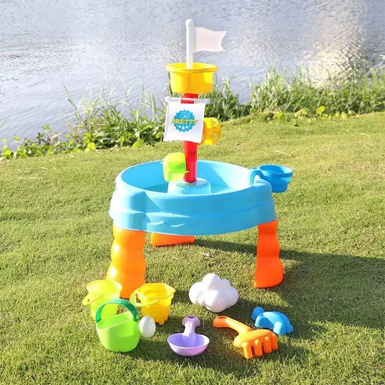 Mesa colorida da água da areia das crianças com brinquedos da água da areia da praia, brinquedos exteriores da tabela sensorial brinquedos do quintal para crianças