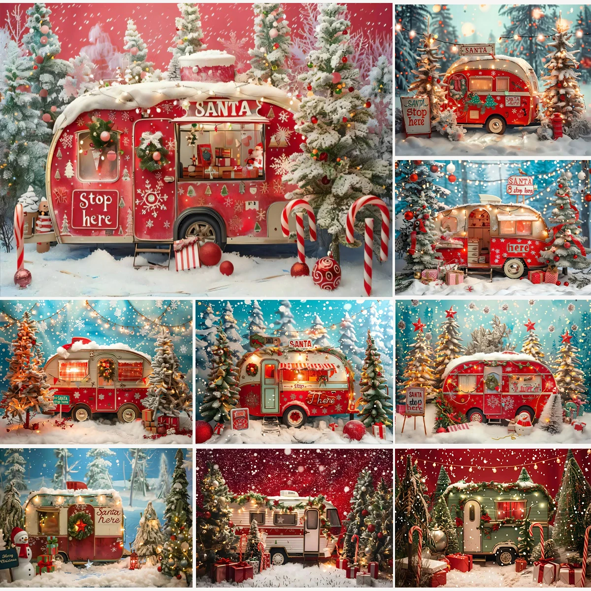

Christmas Winter Camping Car Backdrop for Photography Glitter Lights Xmas Tree Snowfield Kids Holiday Portrait Photo Background