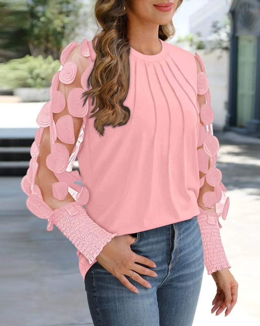 Bluse mit Rundhalsausschnitt und plissierter Vorderseite, 3D-Blumenmuster, langärmelig, mit gerafften Manschetten, elegant, für den Alltag, Partys, süß, lässig, Oberteil – Detail 15