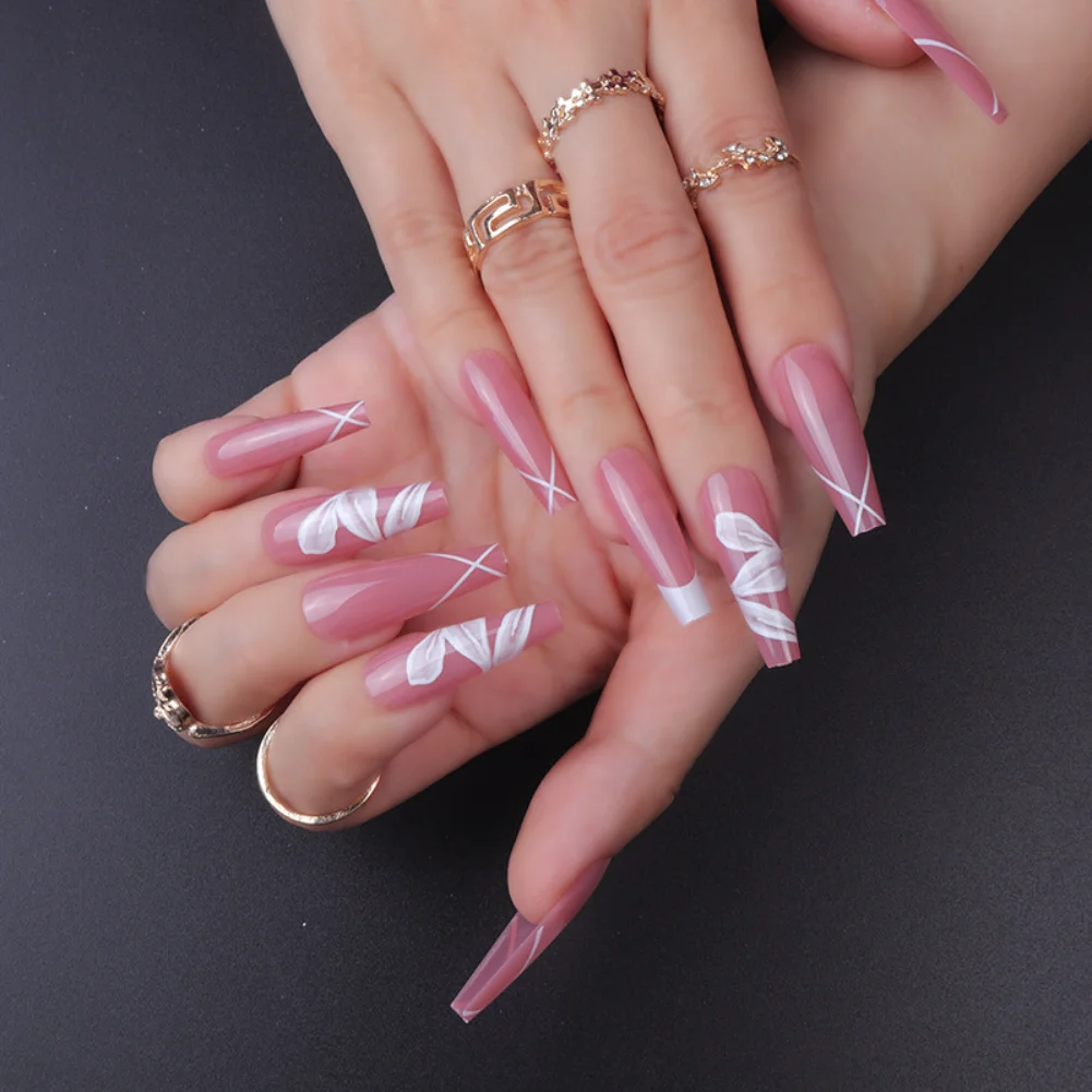 24Pcs Coffin Long Ballet Fake Nails Pink Simple French Press On Nail Art White Flower Wearing Full Cover Artificial False Nails