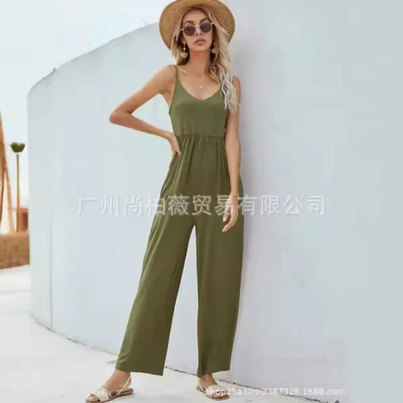 Spring Women's Solid Color Suspender Wide Leg Sexy Jumpsuit Women's Clothing