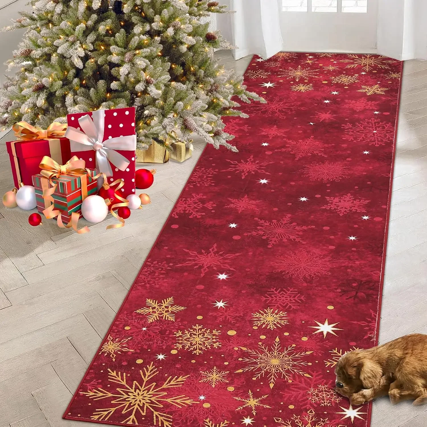 Garvee Christmas Washable Area Rug Xmas Area Rugs Non-Slip Soft Soft Fabric Blue Carpet with Snowflake Design, Low Pile, Durable, Pet Friendly for Holiday Home Decor