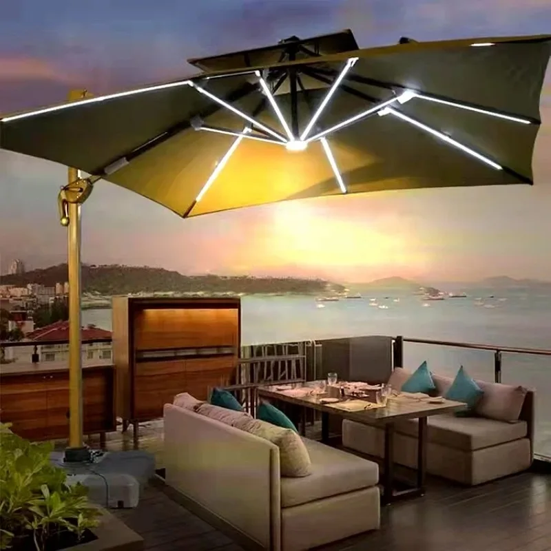 solar Patio Umbrella With LED Light Cantilever Umbrella For Garden Cafe Shop Beach Restaurant Market