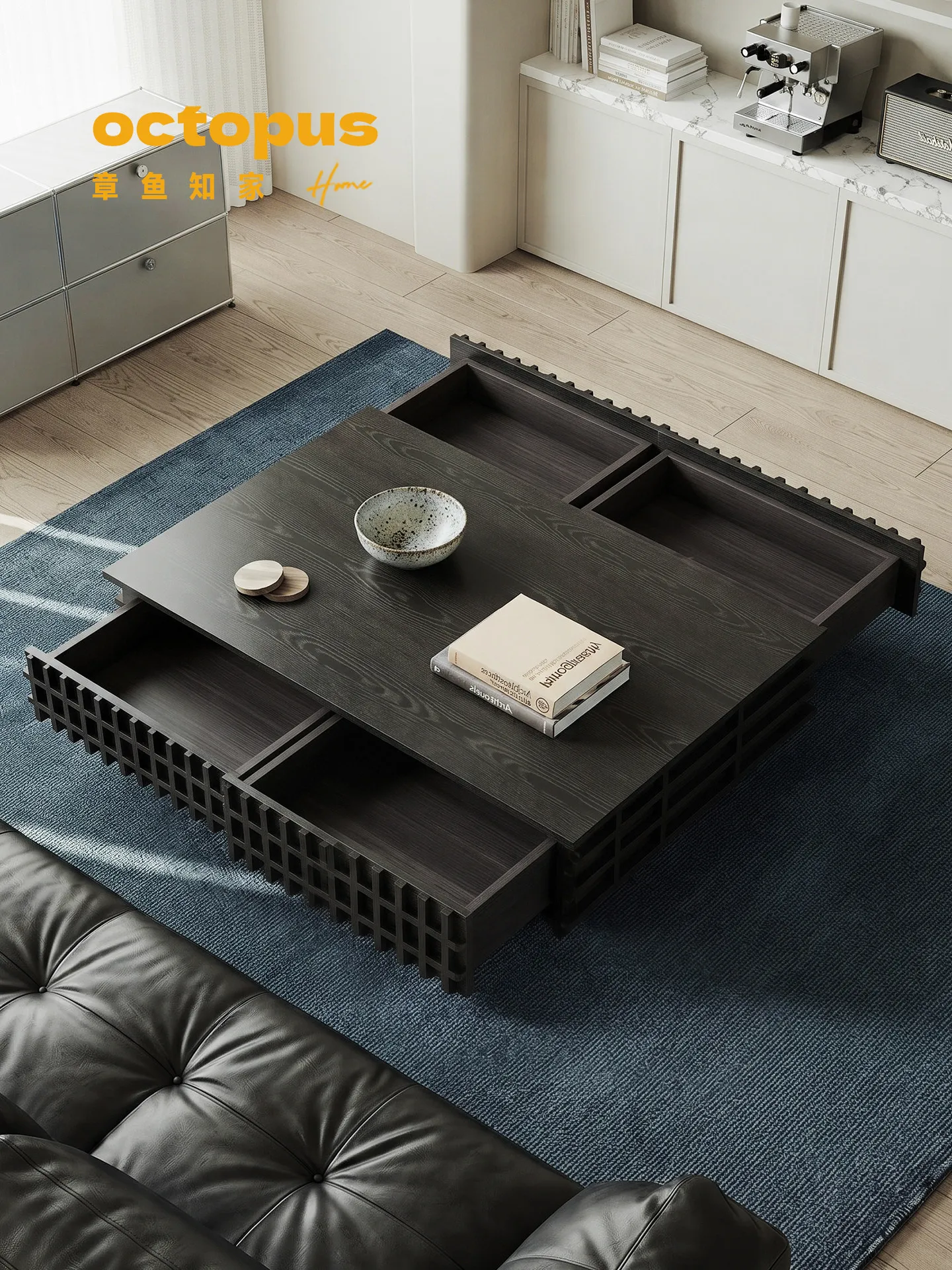 VC living room, niche storage black coffee table rectangle