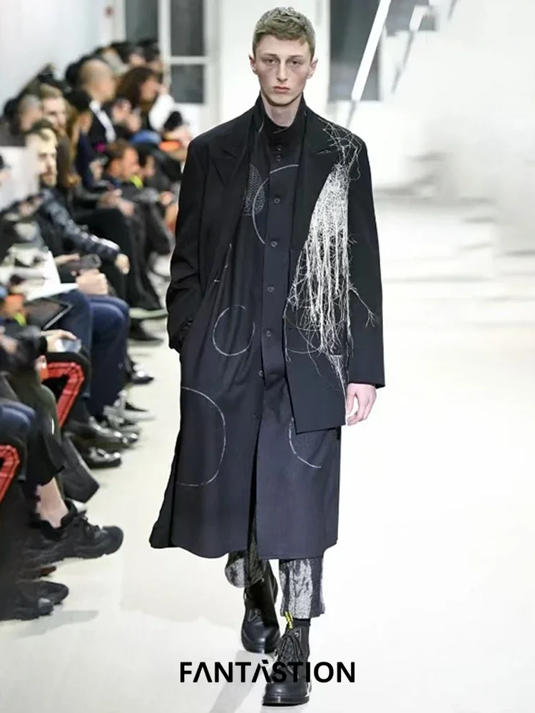 

FANTASTION gothic trench coat with tassel embroidery asymmetrical unisex overcoat in floating thread design suit jackets