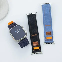 Nylon Loop Strap for Apple Watch Ultra 2 Band 49mm 44mm 40 45mm 41mm 42mm Denim Fabric Bracelet for IWatch Series 9 8 7 6 SE 5 4