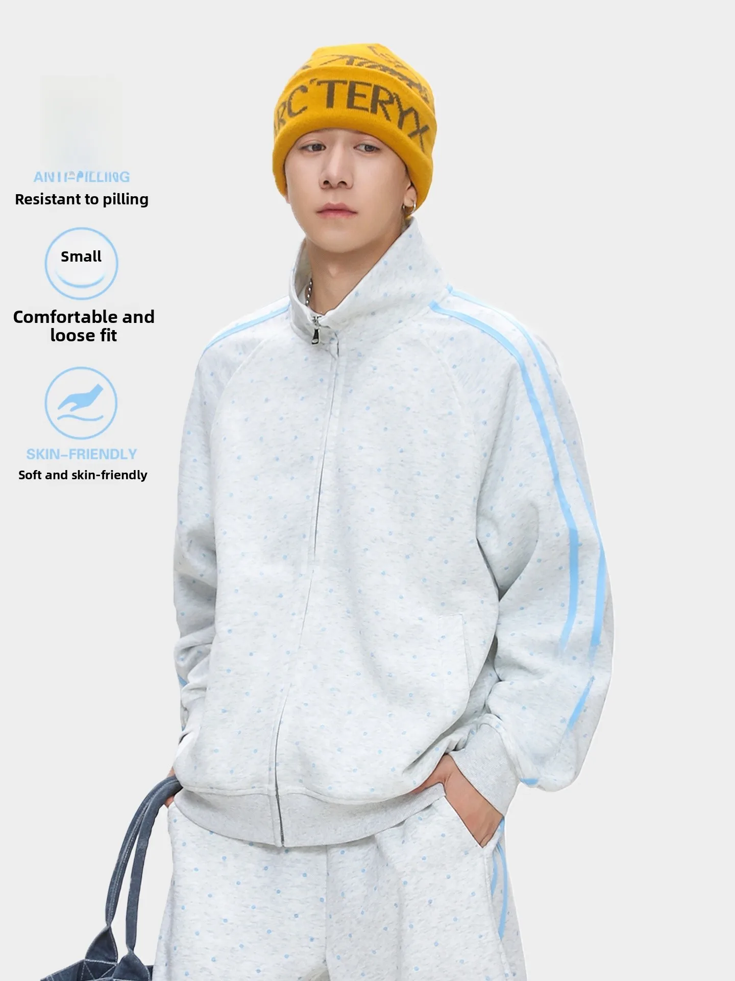 Japanese Polka Dot Stand Collar Sweatshirt Unisex Autumn Side Stripe Casual Sport Jacket Loose Couple Open Cardigan Coat