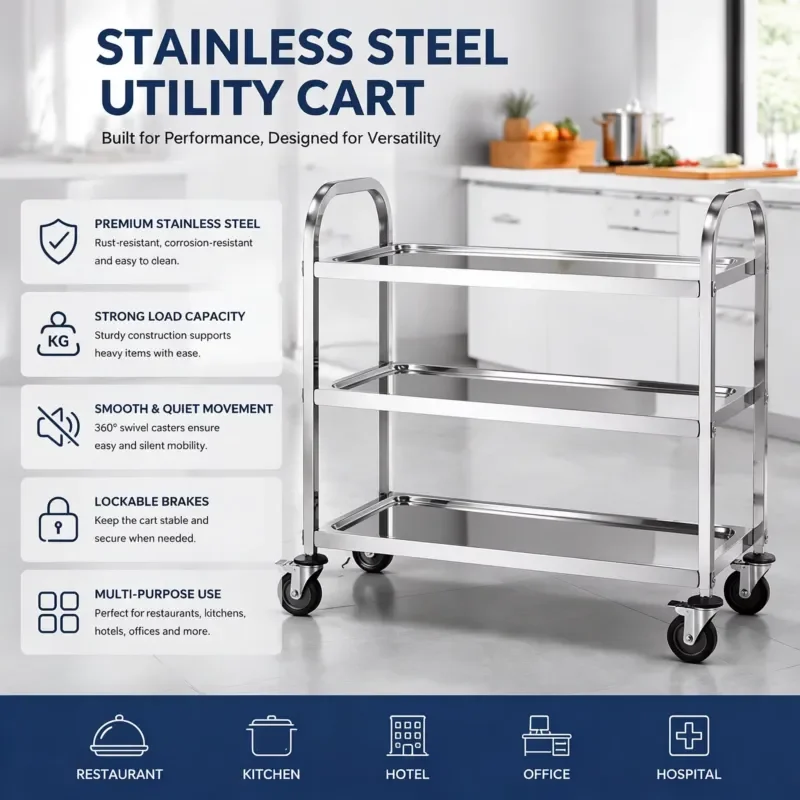 Stainless steel three-layer dining car, with locking wheels, bearing 30-50 kg, thickness 0.8 mm, suitable for food delivery,