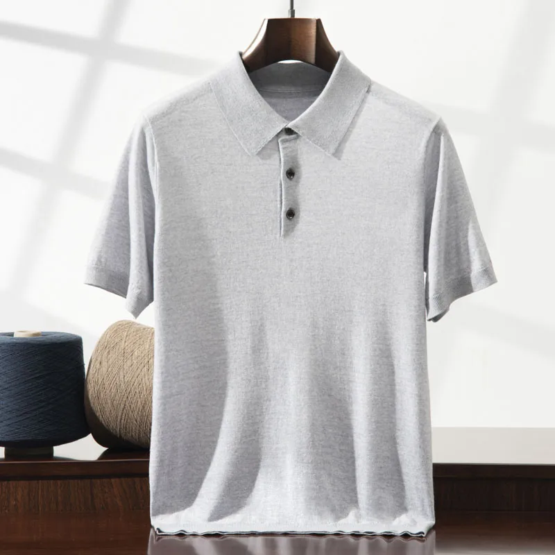 ZOCEPT High Quality 100% Worsted Wool Knitted Polo Shirt Casual Solid Thin Tees Turn-down Collar Short Sleeve T-Shirt for Men