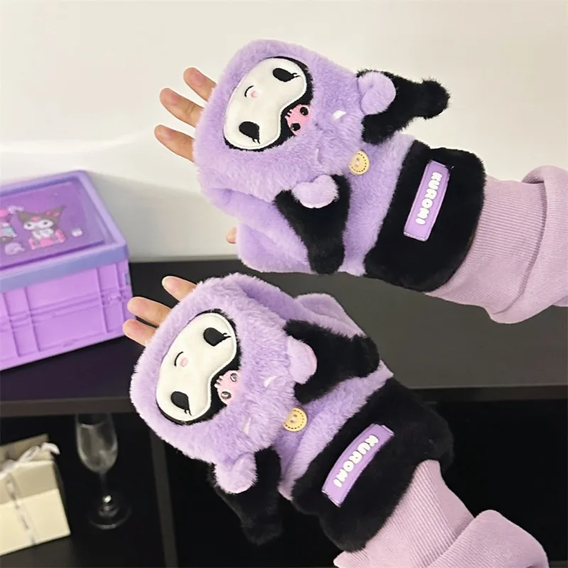 Sanrio Cute Cartoon Plush Gloves Winter Thickened Flip Half Finger Gloves Joker Girl Heart Soft Warm Thick Gloves for Women Girl