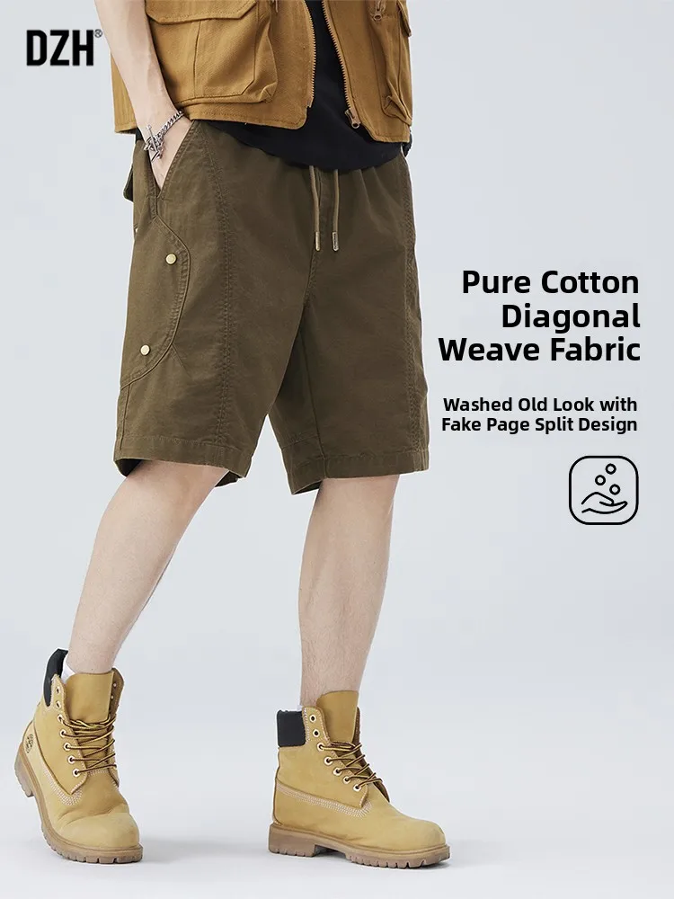 

Men's Khaki Workwear orts Summer Thin Cotton Pure American Retro Five-Point Pants Loose Fit Casual Trousers Youth Faion