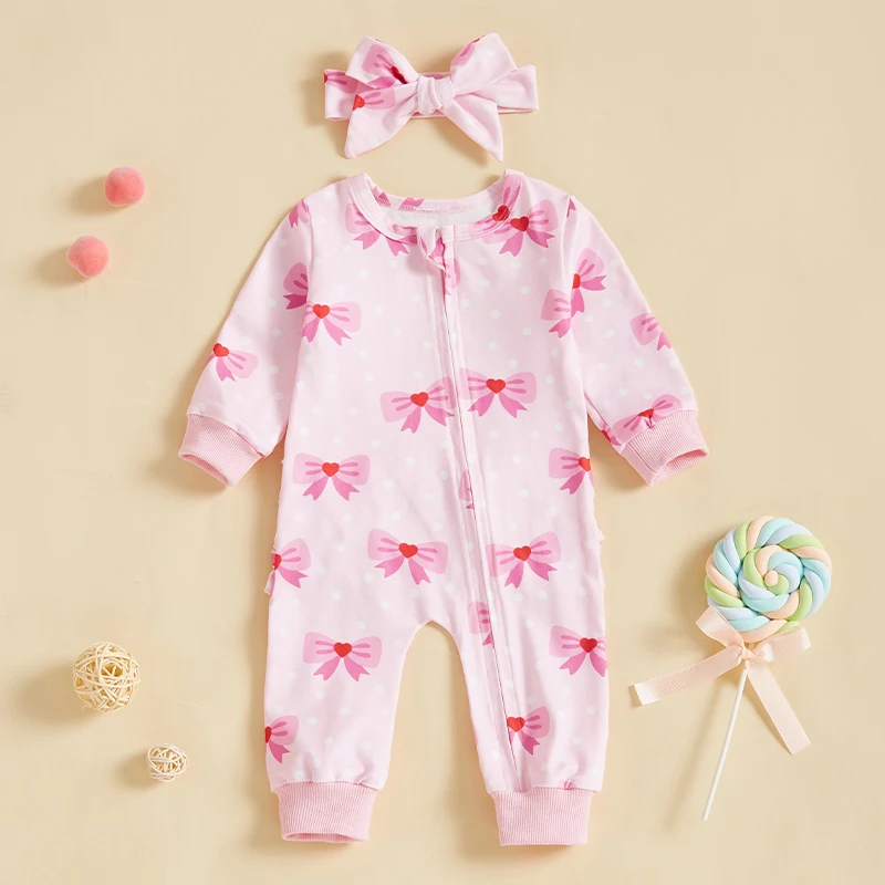Newborn Baby Girl Romper with Bow Headband 2 Pcs Set Bow Dot Pattern Crew Neck Long Sleeve Zip Up Jumpsuit